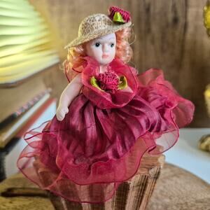 Vintage Peruvian Clay Jointed Victorian Lady Doll Folk Art Miniature